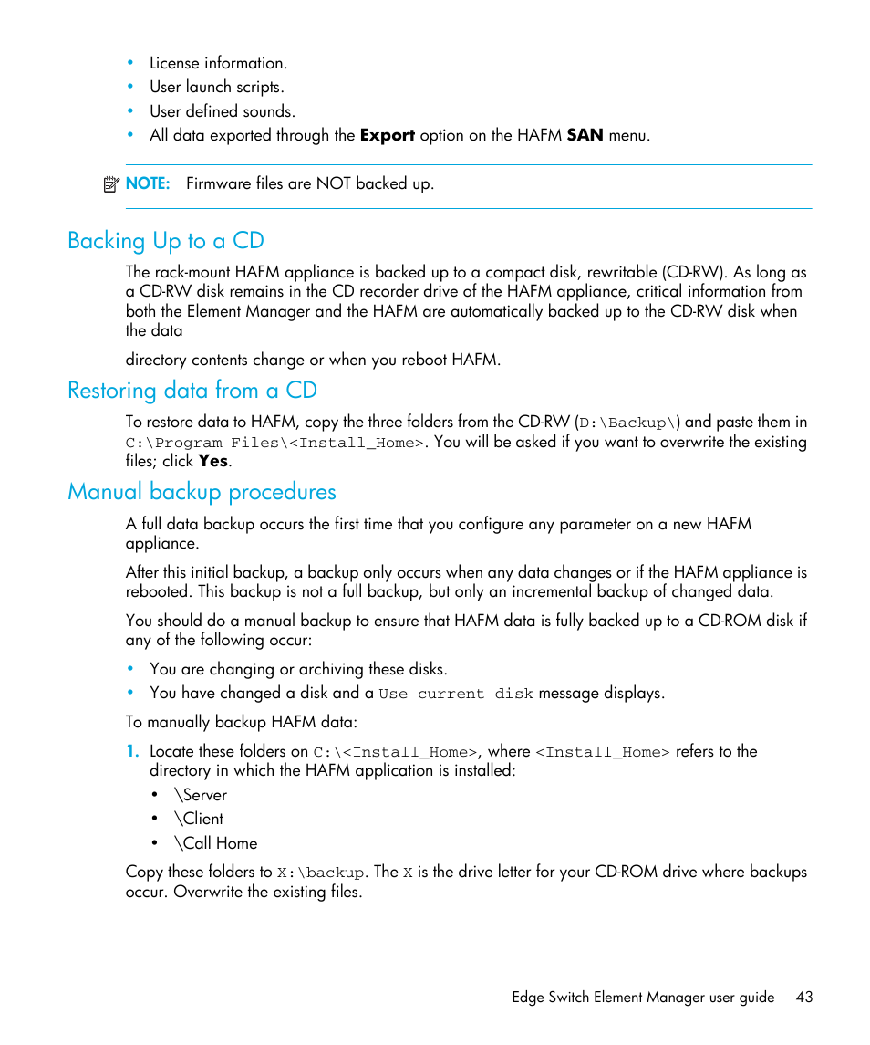 Backing up to a cd, Restoring data from a cd, Manual backup procedures | HP StorageWorks 2.32 Edge Switch User Manual | Page 43 / 202