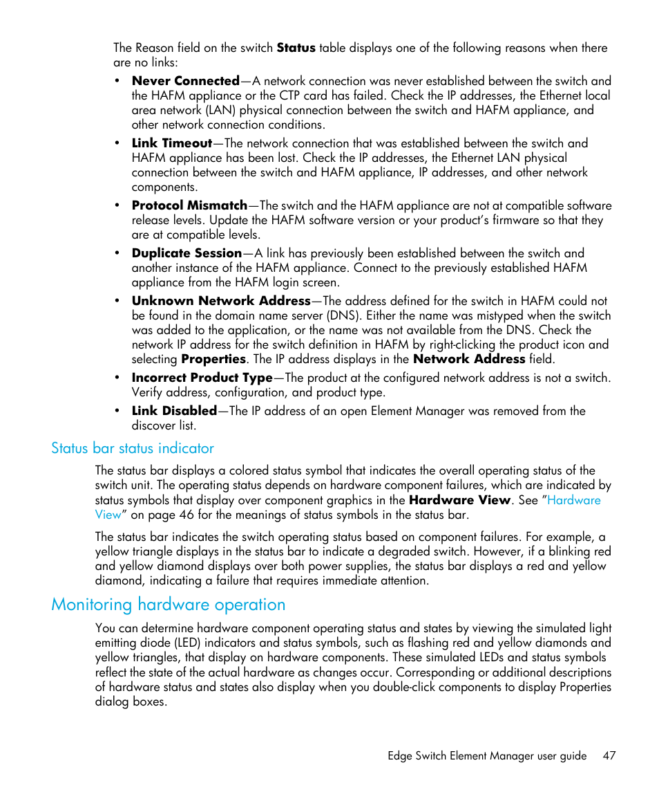 Status bar status indicator, Monitoring hardware operation | HP StorageWorks 2.32 Edge Switch User Manual | Page 47 / 202