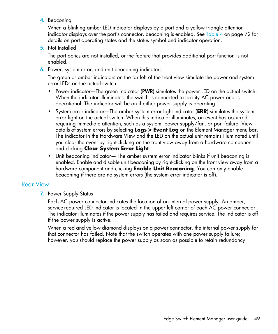 Rear view, Rear, View | HP StorageWorks 2.32 Edge Switch User Manual | Page 49 / 202