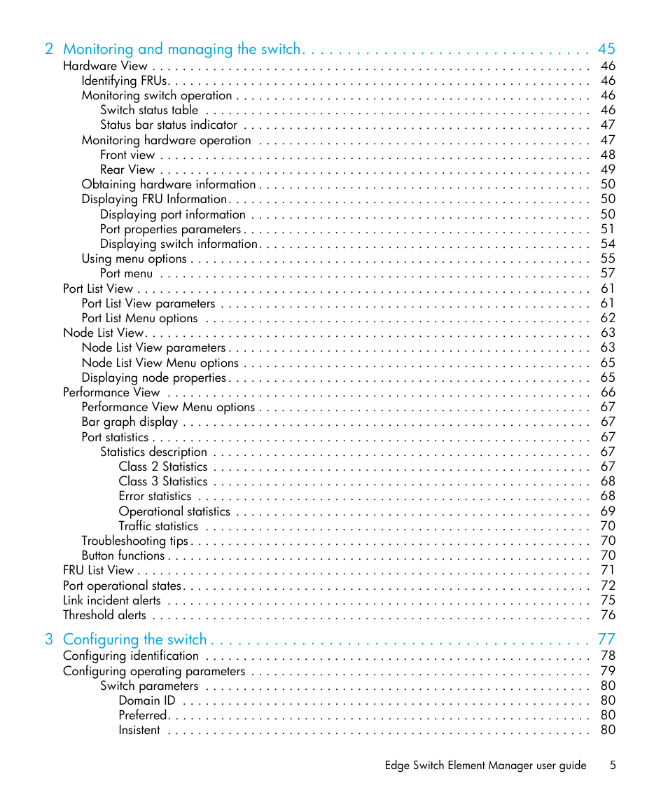 2 monitoring and managing the switch, 3 configuring the switch | HP StorageWorks 2.32 Edge Switch User Manual | Page 5 / 202