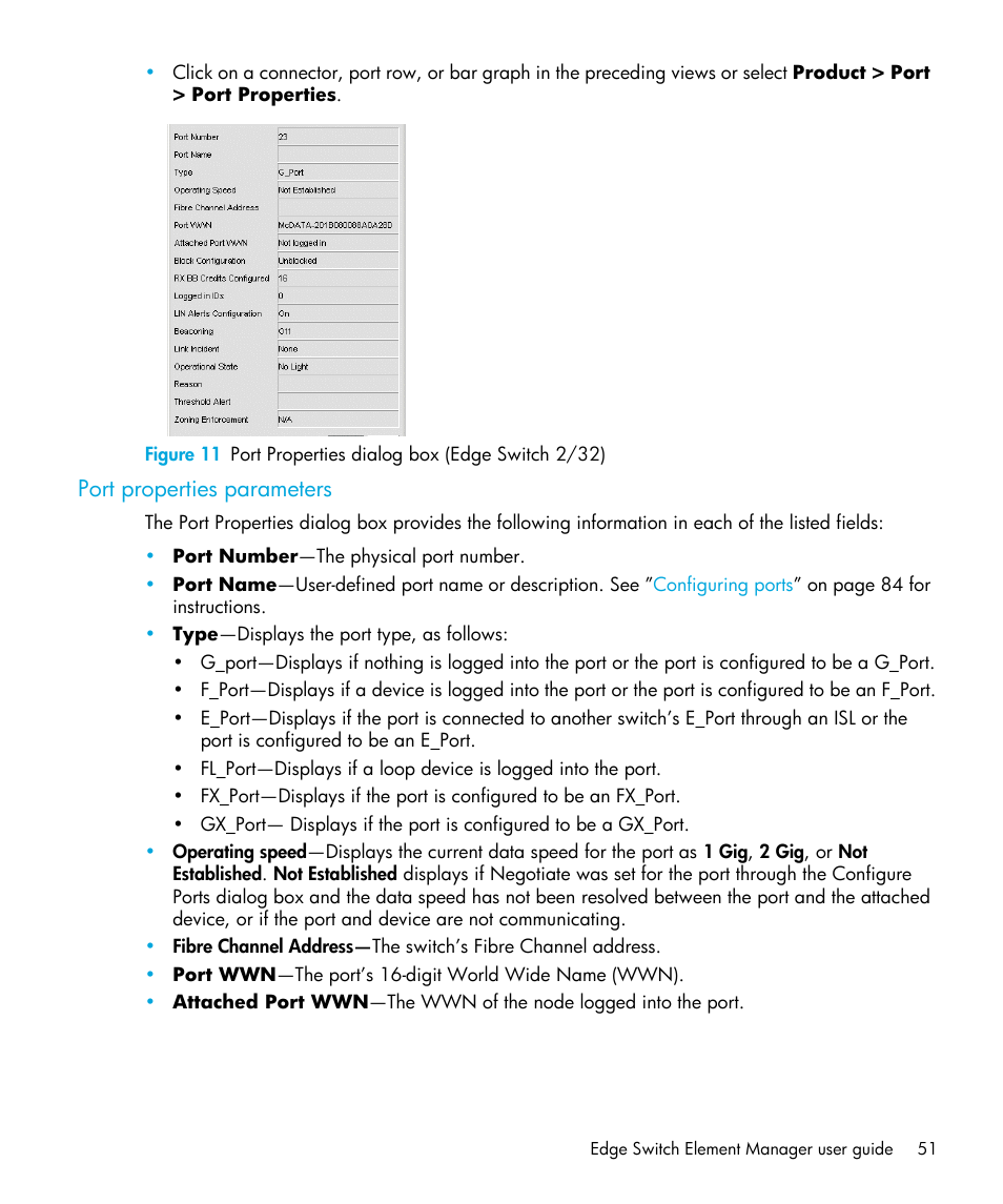 Port properties parameters, 11 port properties dialog box (edge switch 2/32) | HP StorageWorks 2.32 Edge Switch User Manual | Page 51 / 202