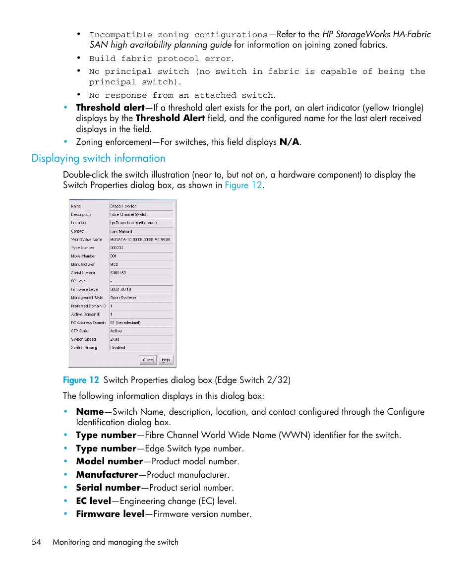 Displaying switch information, 12 switch properties dialog box (edge switch 2/32), Tailed in | Displaying switch, Information | HP StorageWorks 2.32 Edge Switch User Manual | Page 54 / 202
