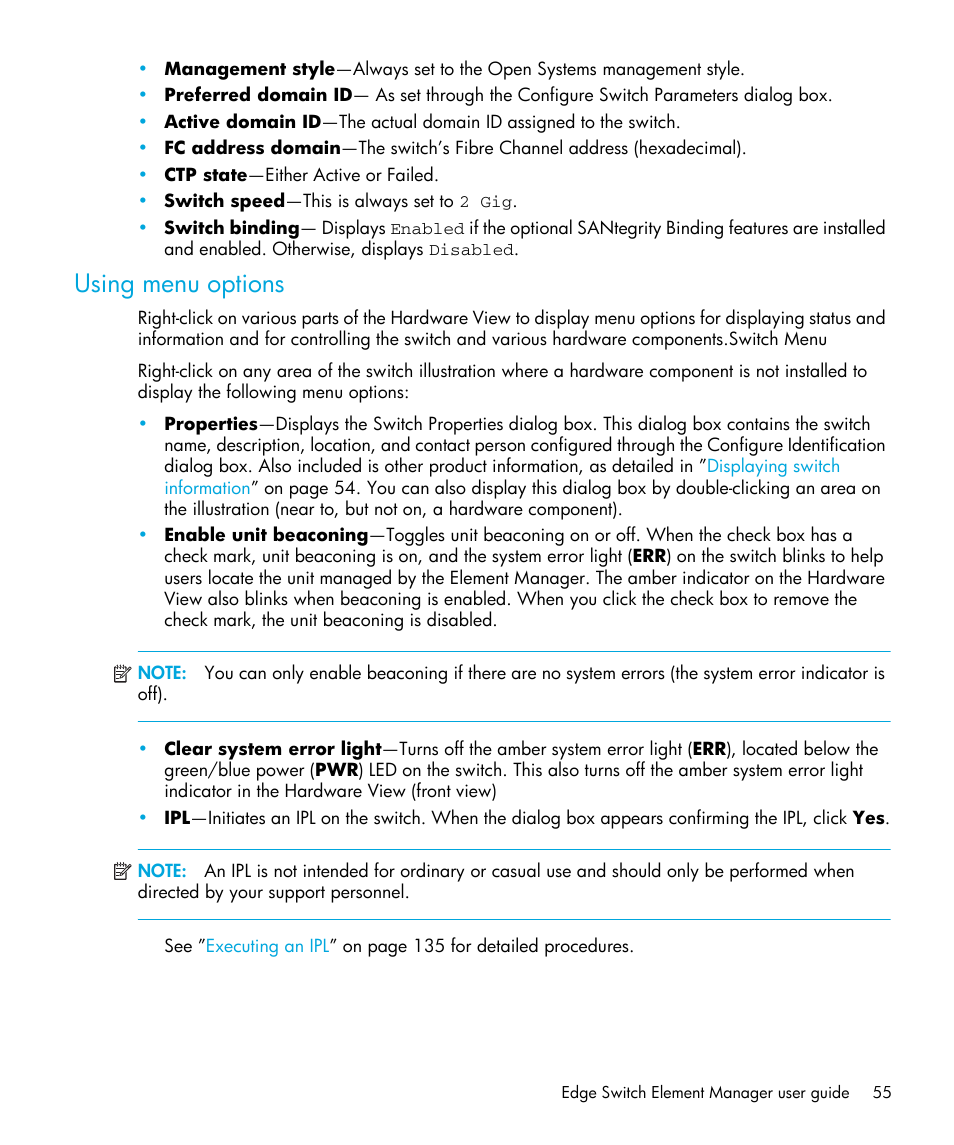 Using menu options | HP StorageWorks 2.32 Edge Switch User Manual | Page 55 / 202