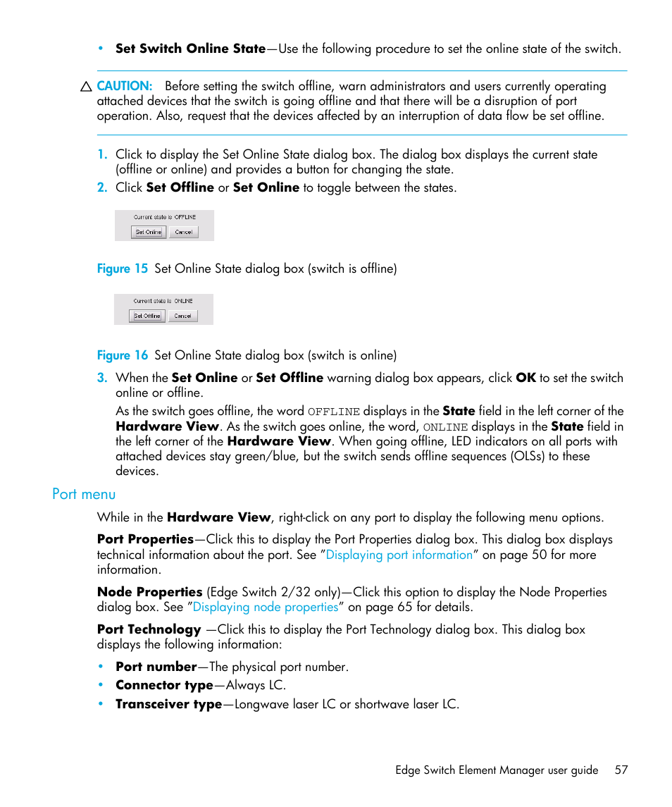 Port menu, 15 set online state dialog box (switch is offline), 16 set online state dialog box (switch is online) | HP StorageWorks 2.32 Edge Switch User Manual | Page 57 / 202