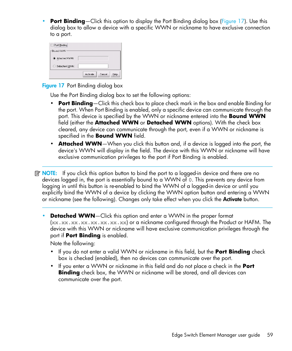 Figure 17 port binding dialog box, 17 port binding dialog box | HP StorageWorks 2.32 Edge Switch User Manual | Page 59 / 202