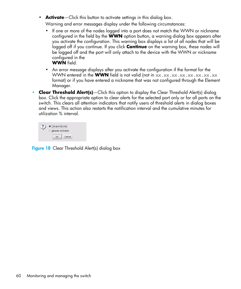 Figure 18 clear threshold alert(s) dialog box, 18 clear threshold alert(s) dialog box | HP StorageWorks 2.32 Edge Switch User Manual | Page 60 / 202