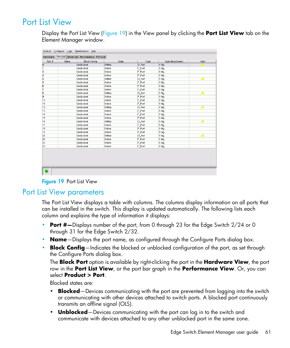 Port list view, Figure 19 port list view, Port list view parameters | 19 port list view | HP StorageWorks 2.32 Edge Switch User Manual | Page 61 / 202