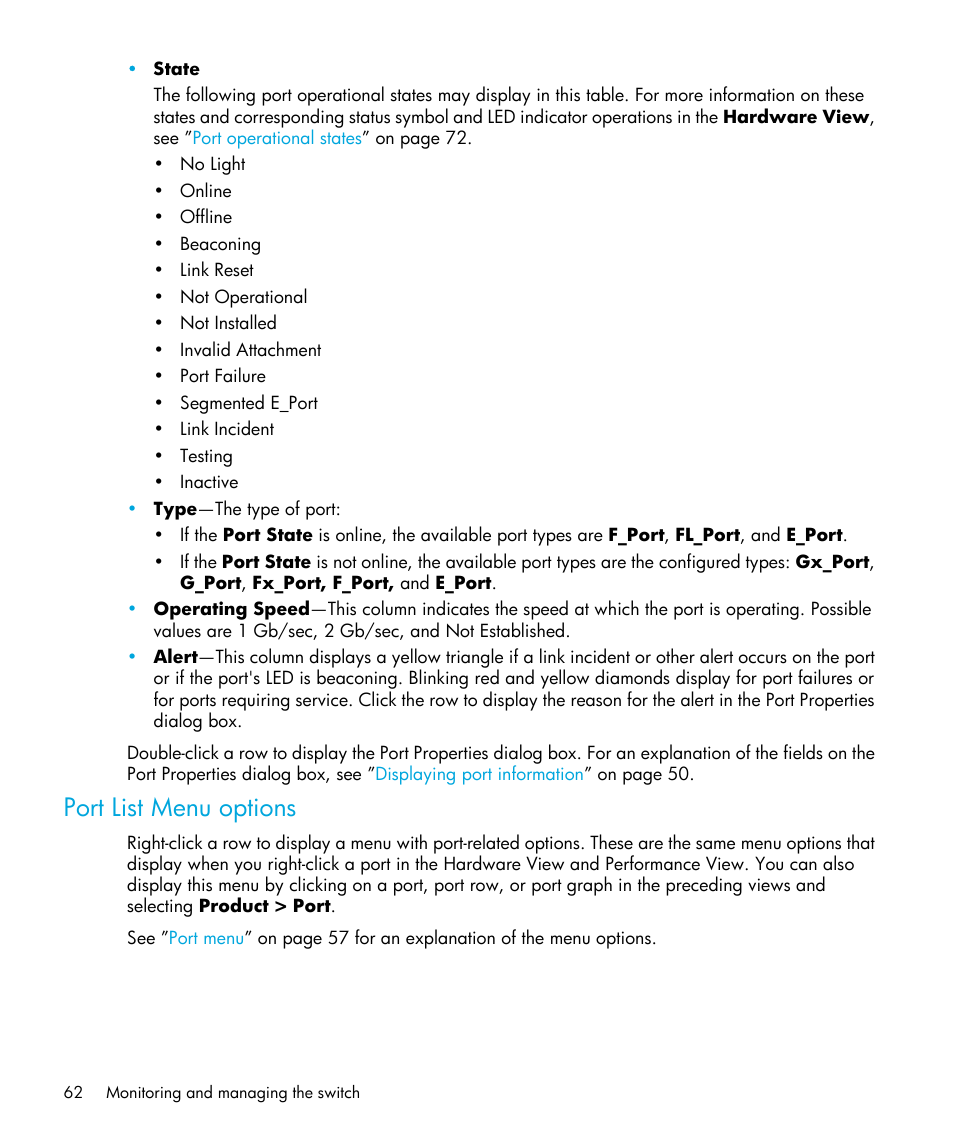 Port list menu options | HP StorageWorks 2.32 Edge Switch User Manual | Page 62 / 202