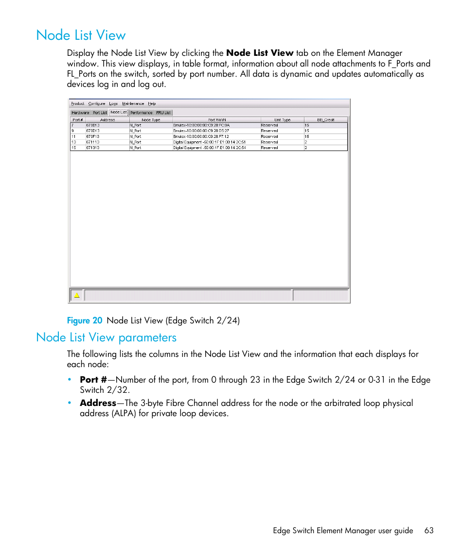 Node list view, Figure 20 node list view (edge switch 2/24), Node list view parameters | 20 node list view (edge switch 2/24), View, see | HP StorageWorks 2.32 Edge Switch User Manual | Page 63 / 202