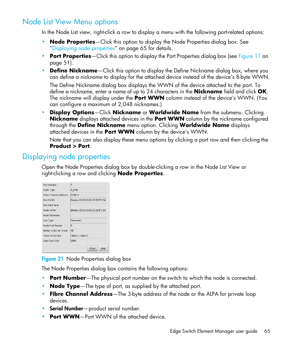 Node list view menu options, Displaying node properties, Figure 21 node properties dialog box | 21 node properties dialog box, Og box. see | HP StorageWorks 2.32 Edge Switch User Manual | Page 65 / 202