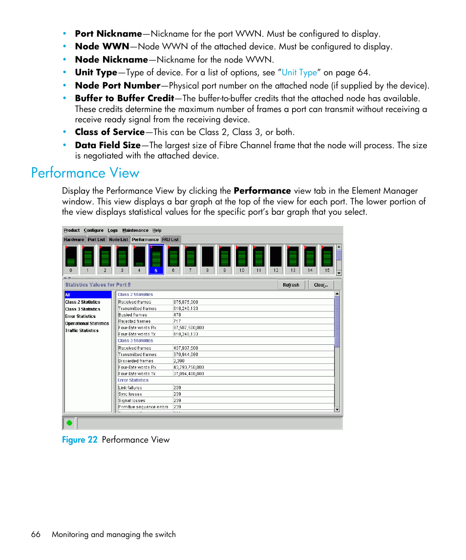 Performance view, Figure 22 performance view, 22 performance view | HP StorageWorks 2.32 Edge Switch User Manual | Page 66 / 202