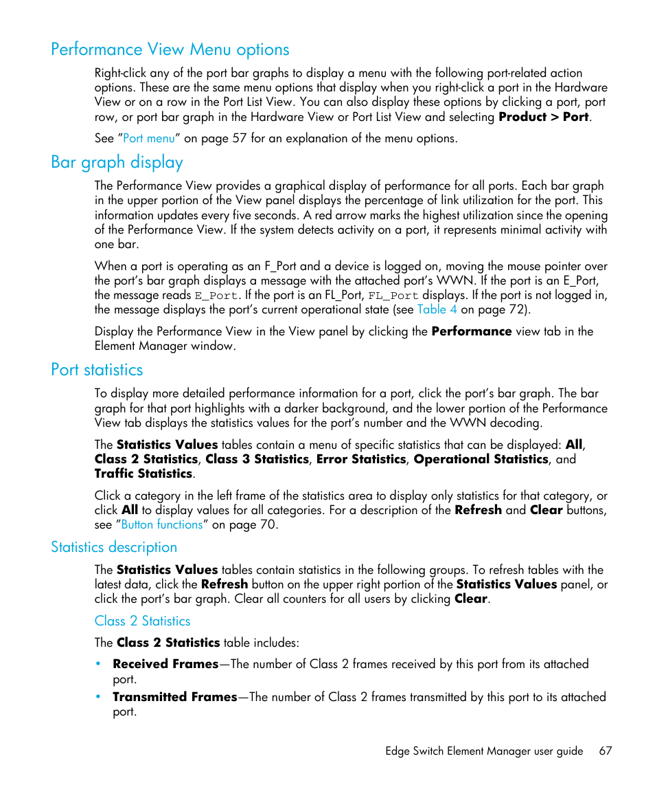 Performance view menu options, Bar graph display, Port statistics | Statistics description, Class 2 statistics | HP StorageWorks 2.32 Edge Switch User Manual | Page 67 / 202