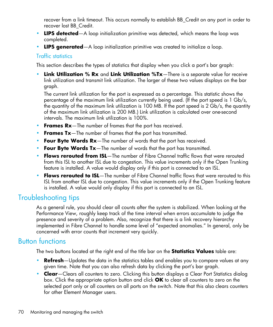 Traffic statistics, Troubleshooting tips, Button functions | HP StorageWorks 2.32 Edge Switch User Manual | Page 70 / 202