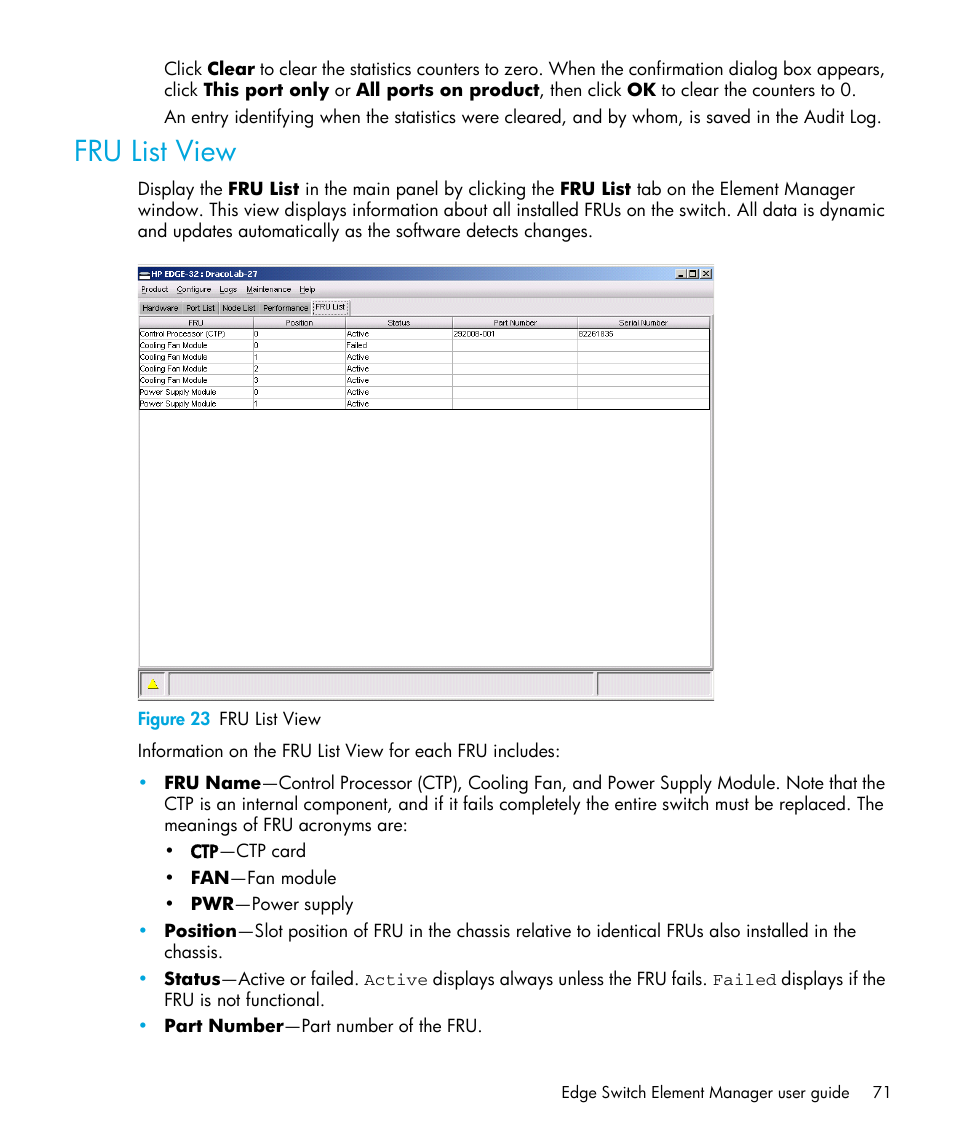 Fru list view, Figure 23 fru list view, 23 fru list view | HP StorageWorks 2.32 Edge Switch User Manual | Page 71 / 202