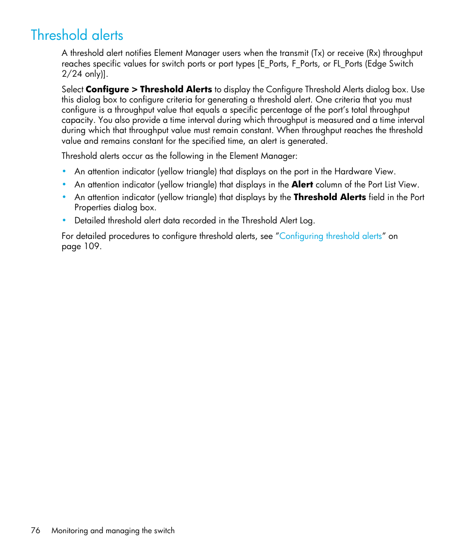 Threshold alerts | HP StorageWorks 2.32 Edge Switch User Manual | Page 76 / 202