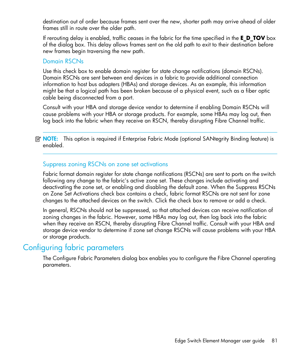 Domain rscns, Suppress zoning rscns on zone set activations, Configuring fabric parameters | HP StorageWorks 2.32 Edge Switch User Manual | Page 81 / 202