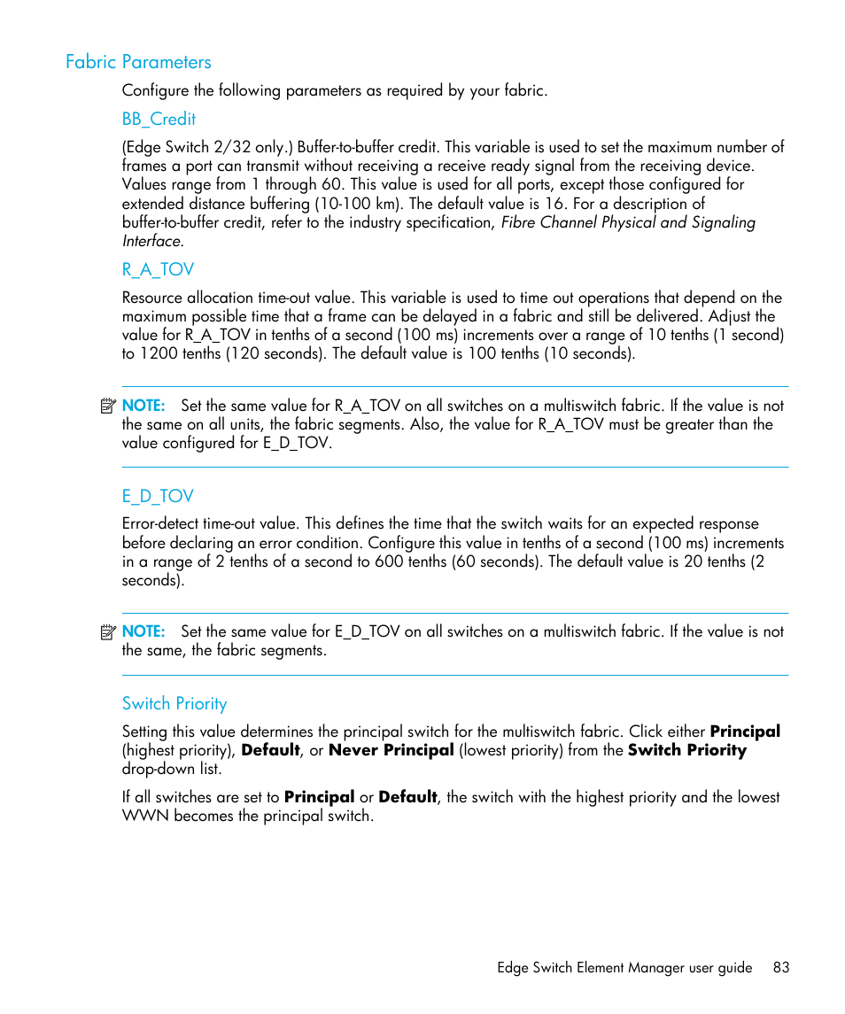 Fabric parameters, Bb_credit, R_a_tov | E_d_tov, Switch priority | HP StorageWorks 2.32 Edge Switch User Manual | Page 83 / 202