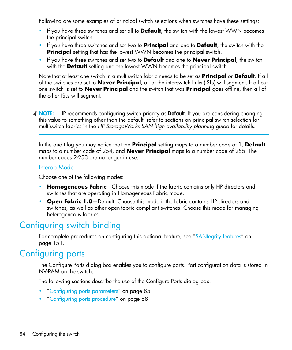 Interop mode, Configuring switch binding, Configuring ports | Or description. see, Og box. see | HP StorageWorks 2.32 Edge Switch User Manual | Page 84 / 202