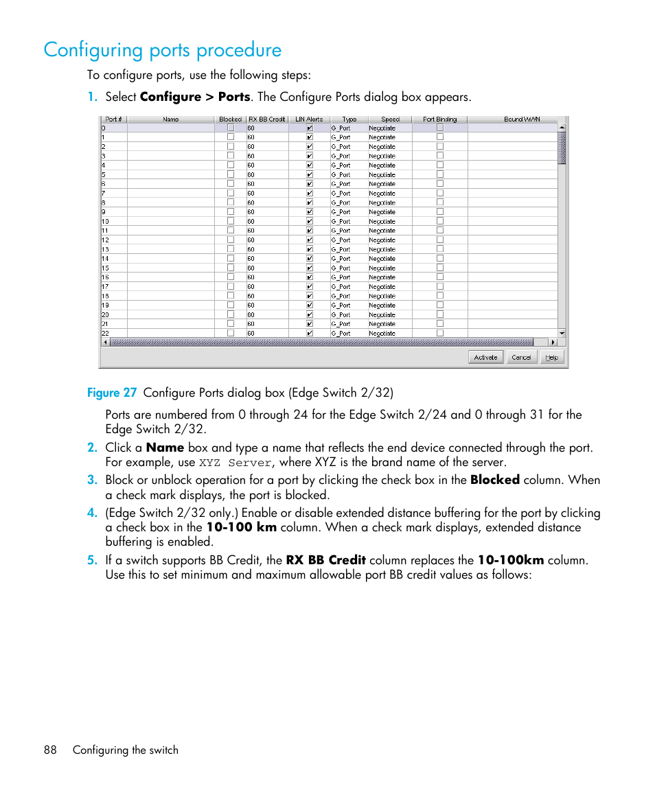 Configuring ports procedure, 27 configure ports dialog box (edge switch 2/32) | HP StorageWorks 2.32 Edge Switch User Manual | Page 88 / 202