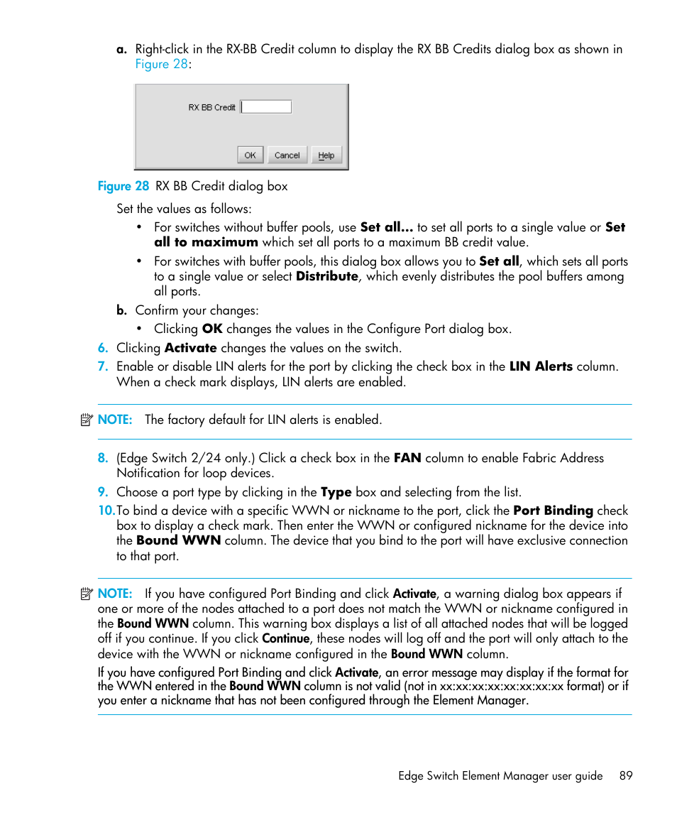 Figure 28 rx bb credit dialog box, 28 rx bb credit dialog box | HP StorageWorks 2.32 Edge Switch User Manual | Page 89 / 202