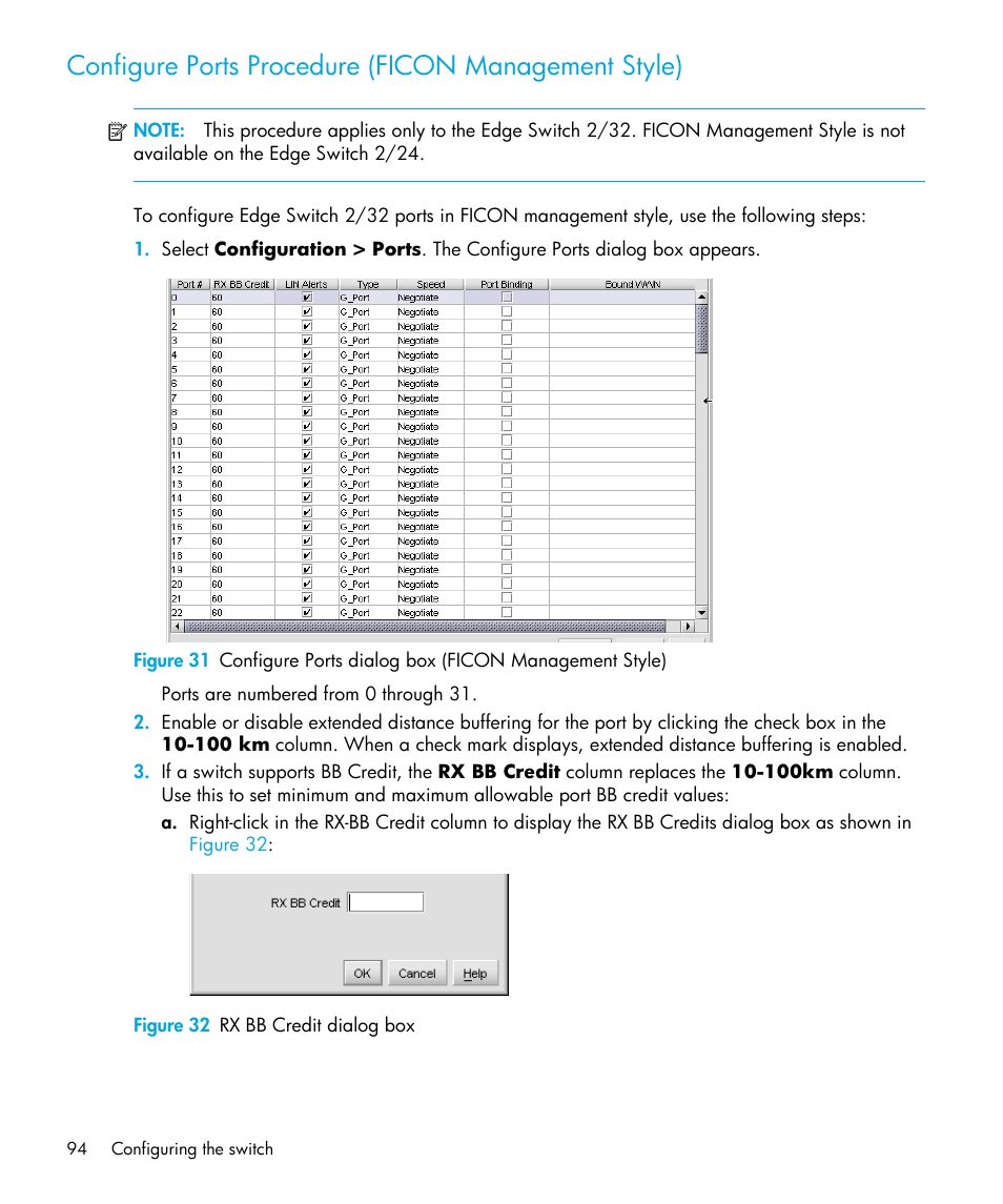 Configure ports procedure (ficon management style), Figure 32 rx bb credit dialog box, 32 rx bb credit dialog box | HP StorageWorks 2.32 Edge Switch User Manual | Page 94 / 202