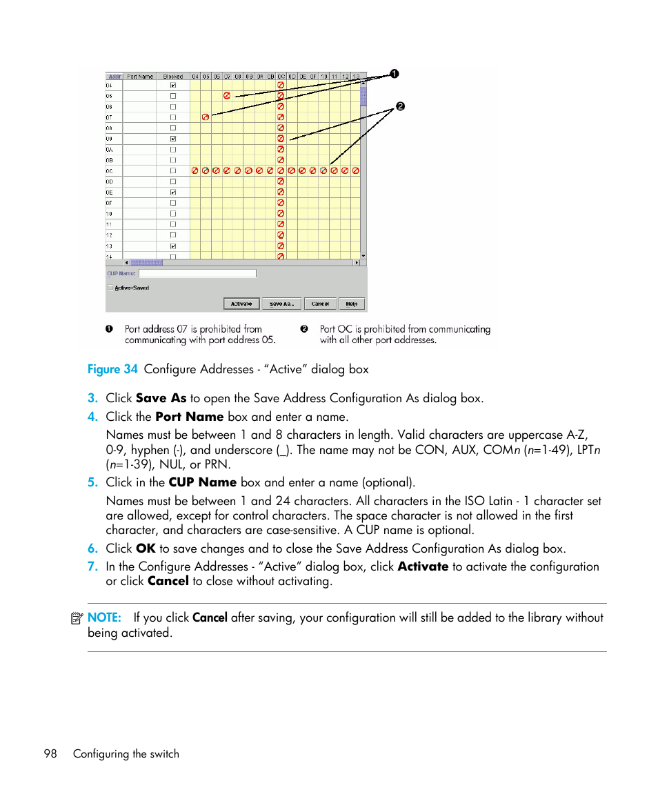 34 configure addresses - “active” dialog box, Figure 34 | HP StorageWorks 2.32 Edge Switch User Manual | Page 98 / 202
