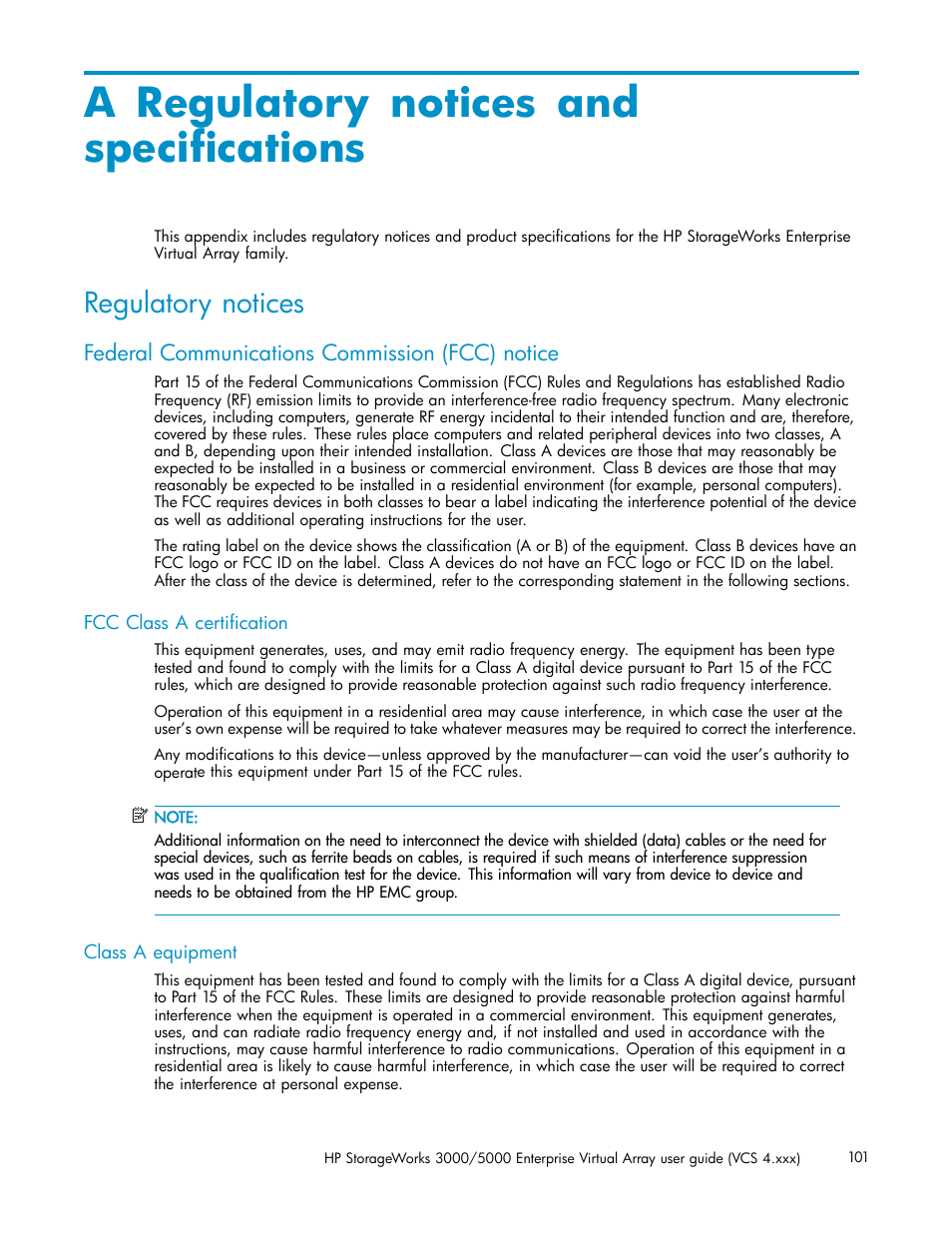 A regulatory notices and specifications, Regulatory notices, Federal communications commission (fcc) notice | Fcc class a certification, Class a equipment, Regulatory notices and specifications | HP 3000 Enterprise Virtual Array User Manual | Page 101 / 165