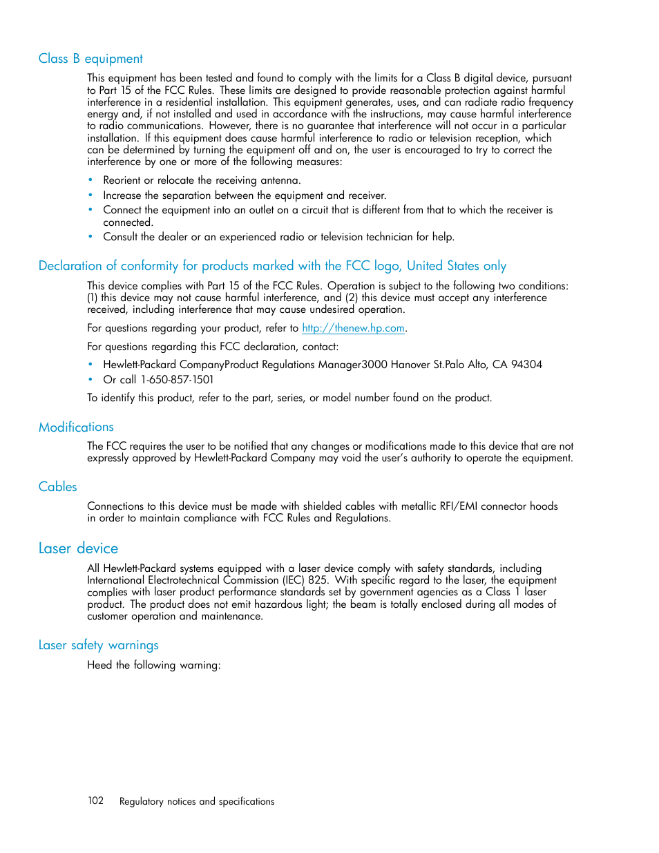 Class b equipment, Modifications, Cables | Laser device, Laser safety warnings | HP 3000 Enterprise Virtual Array User Manual | Page 102 / 165