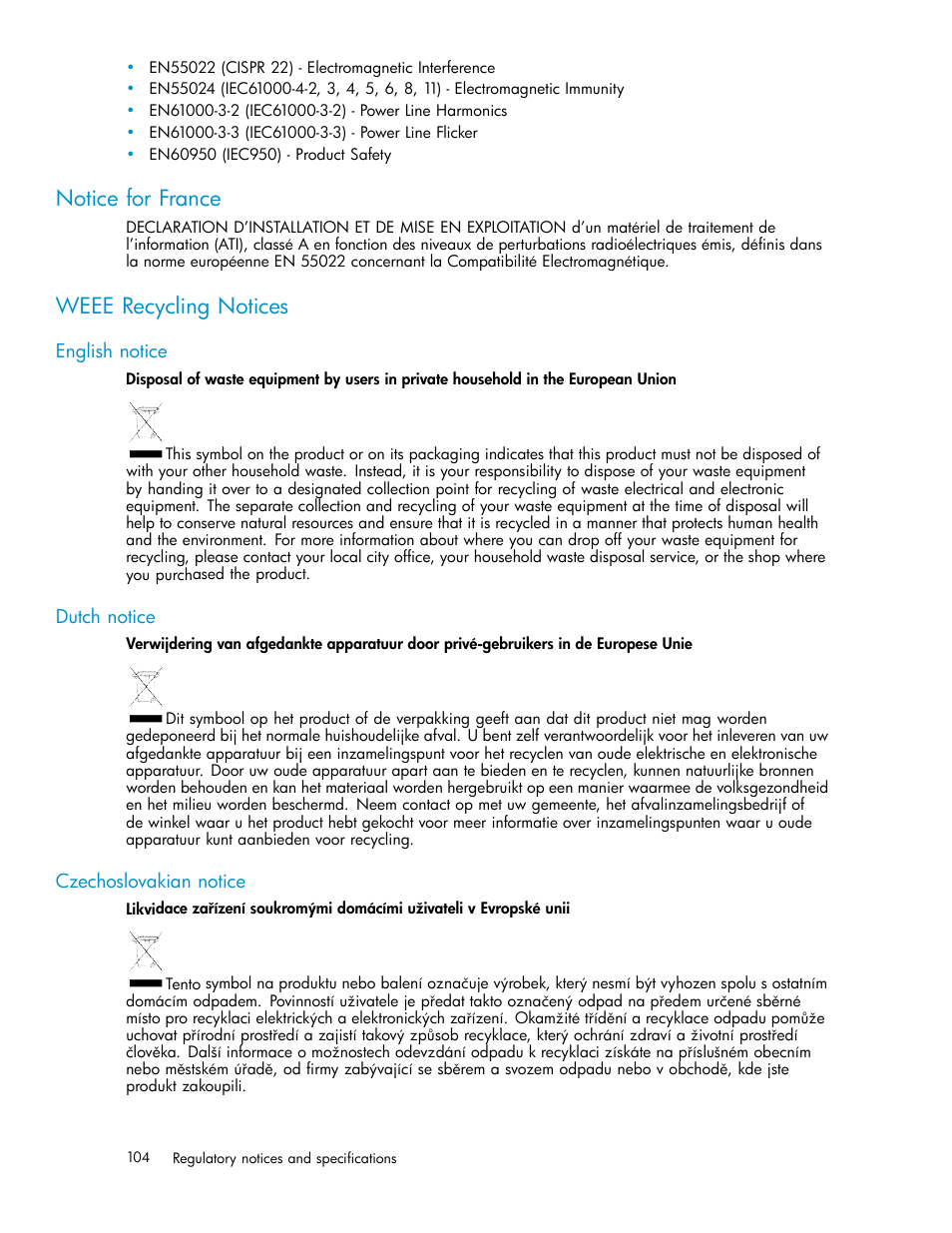 Notice for france, Weee recycling notices, English notice | Dutch notice, Czechoslovakian notice | HP 3000 Enterprise Virtual Array User Manual | Page 104 / 165