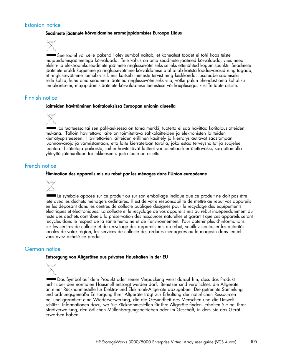 Estonian notice, Finnish notice, French notice | German notice | HP 3000 Enterprise Virtual Array User Manual | Page 105 / 165
