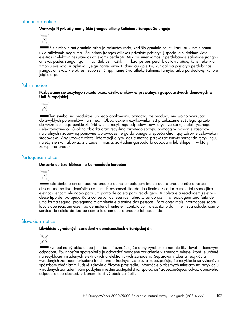 Lithuanian notice, Polish notice, Portuguese notice | Slovakian notice | HP 3000 Enterprise Virtual Array User Manual | Page 107 / 165