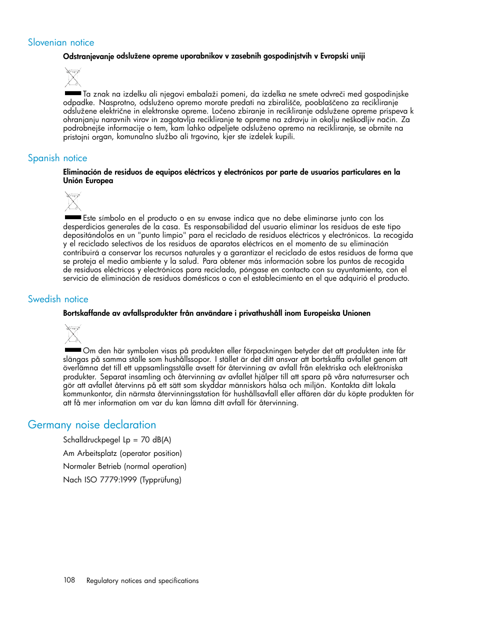 Slovenian notice, Spanish notice, Swedish notice | Germany noise declaration | HP 3000 Enterprise Virtual Array User Manual | Page 108 / 165