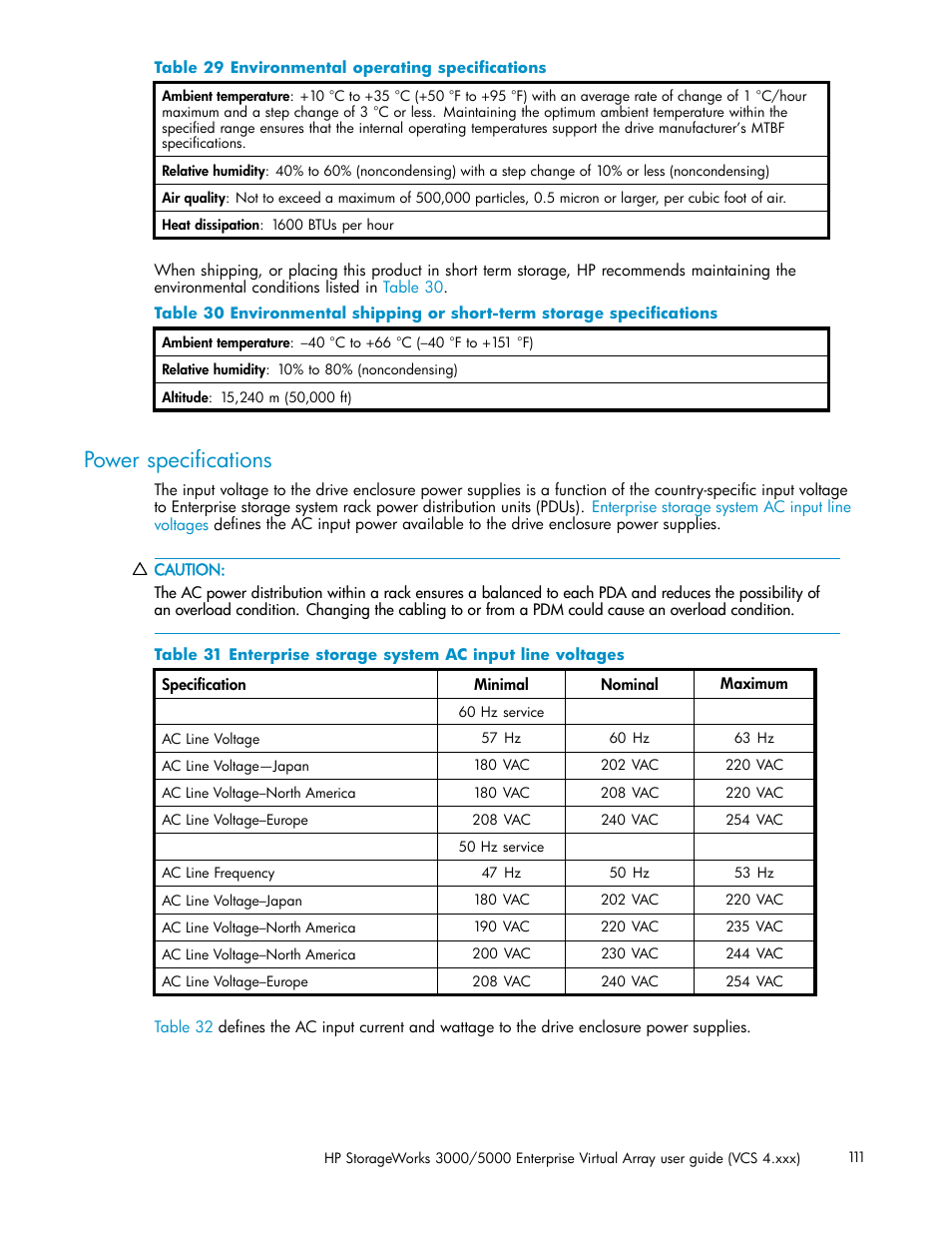 Power specifications, Environmental operating specifications, Enterprise storage system ac input line voltages | HP 3000 Enterprise Virtual Array User Manual | Page 111 / 165