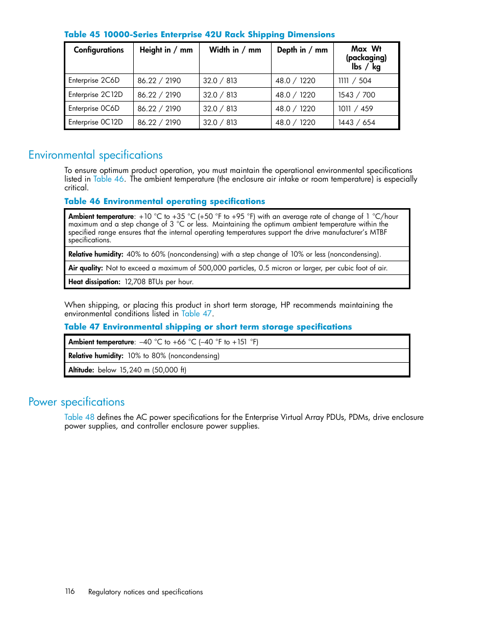 Environmental specifications, Power specifications, Environmental operating specifications | Table 45 | HP 3000 Enterprise Virtual Array User Manual | Page 116 / 165