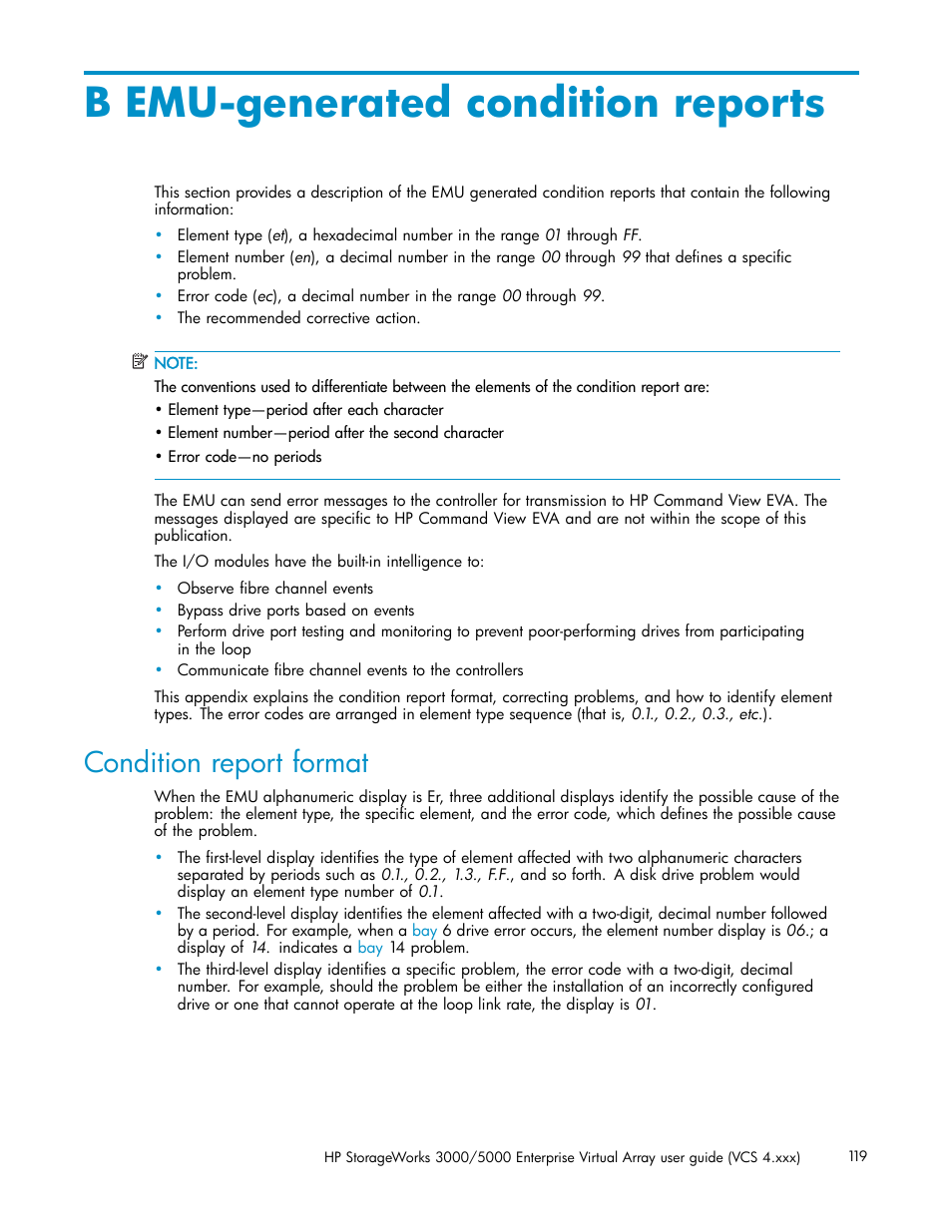 B emu-generated condition reports, Condition report format | HP 3000 Enterprise Virtual Array User Manual | Page 119 / 165