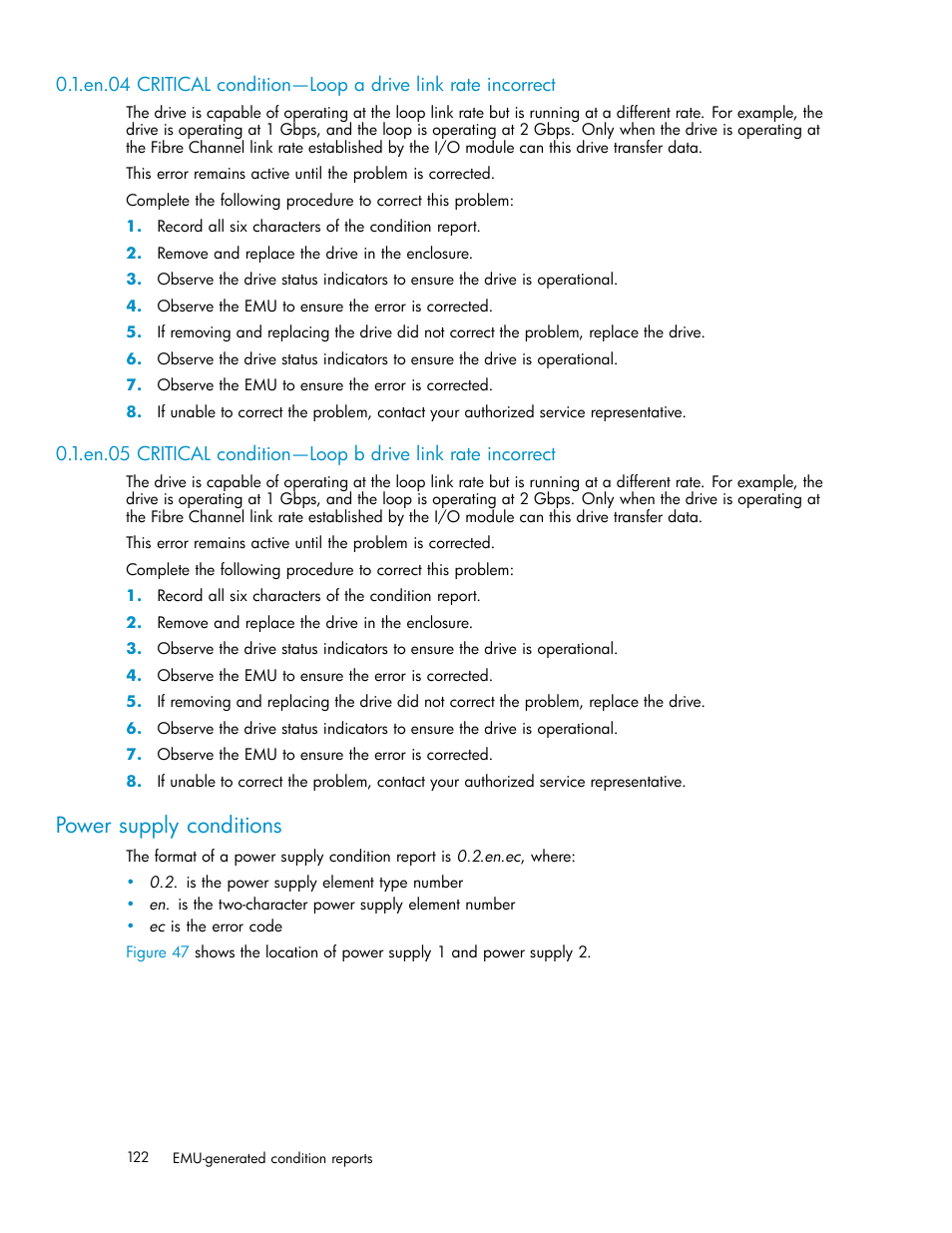 Power supply conditions | HP 3000 Enterprise Virtual Array User Manual | Page 122 / 165