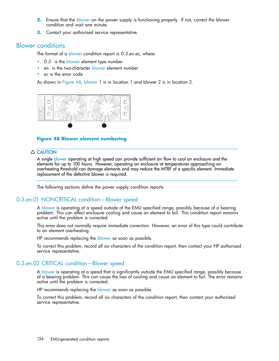 Blower conditions, En.01 noncritical condition—blower speed, En.02 critical condition—blower speed | Blower element numbering | HP 3000 Enterprise Virtual Array User Manual | Page 124 / 165