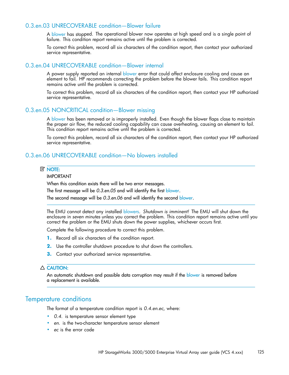En.03 unrecoverable condition—blower failure, En.04 unrecoverable condition—blower internal, En.05 noncritical condition—blower missing | En.06 unrecoverable condition—no blowers installed, Temperature conditions | HP 3000 Enterprise Virtual Array User Manual | Page 125 / 165