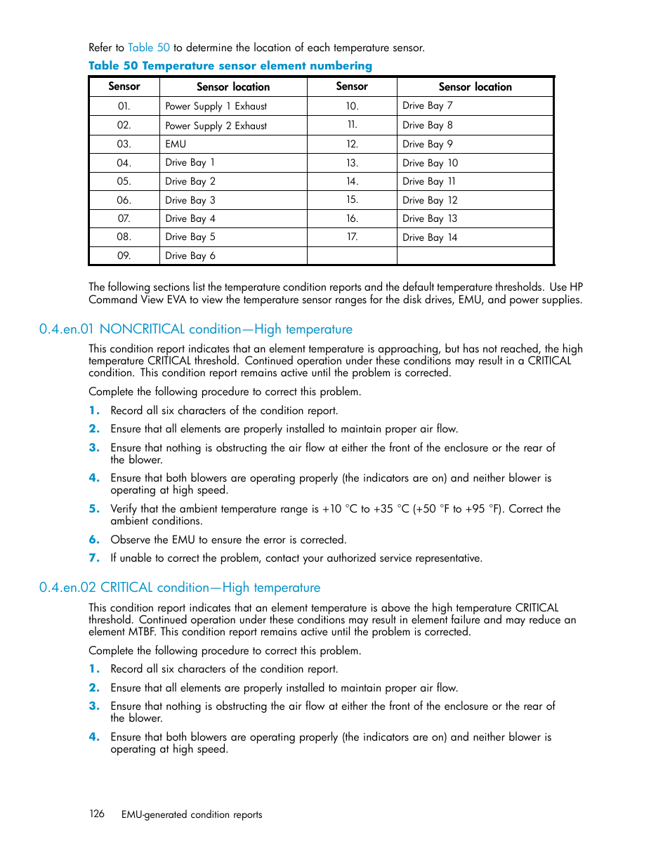 En.01 noncritical condition—high temperature, En.02 critical condition—high temperature, Temperature sensor element numbering | HP 3000 Enterprise Virtual Array User Manual | Page 126 / 165
