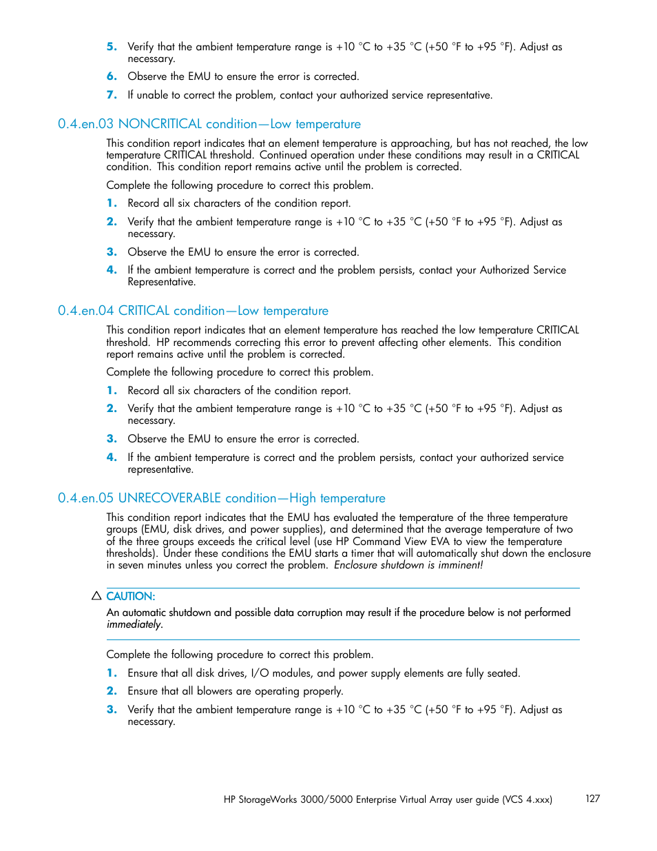 En.03 noncritical condition—low temperature, En.04 critical condition—low temperature, En.05 unrecoverable condition—high temperature | HP 3000 Enterprise Virtual Array User Manual | Page 127 / 165