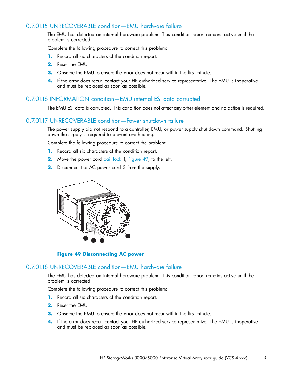 15 unrecoverable condition—emu hardware failure, 17 unrecoverable condition—power shutdown failure, 18 unrecoverable condition—emu hardware failure | Disconnecting ac power | HP 3000 Enterprise Virtual Array User Manual | Page 131 / 165