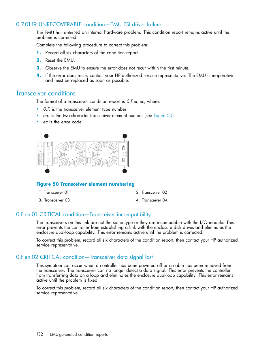 19 unrecoverable condition—emu esi driver failure, Transceiver conditions, Transceiver element numbering | HP 3000 Enterprise Virtual Array User Manual | Page 132 / 165
