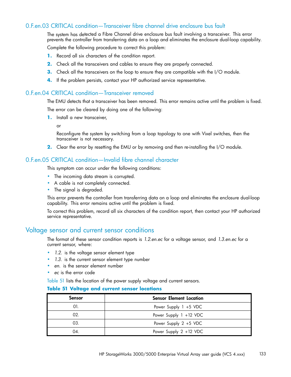 F.en.04 critical condition—transceiver removed, Voltage sensor and current sensor conditions, Voltage and current sensor locations | HP 3000 Enterprise Virtual Array User Manual | Page 133 / 165