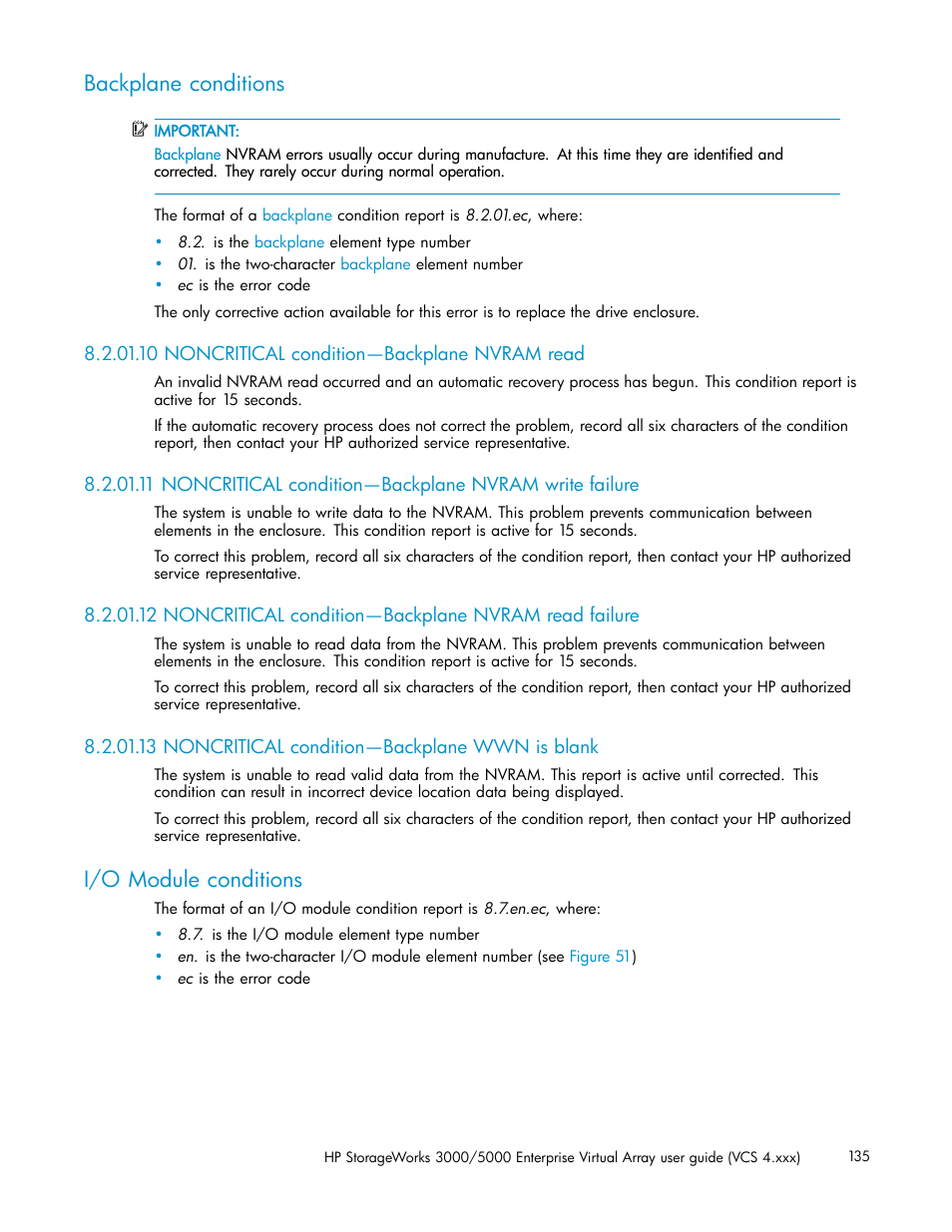 Backplane conditions, 10 noncritical condition—backplane nvram read, 13 noncritical condition—backplane wwn is blank | I/o module conditions | HP 3000 Enterprise Virtual Array User Manual | Page 135 / 165