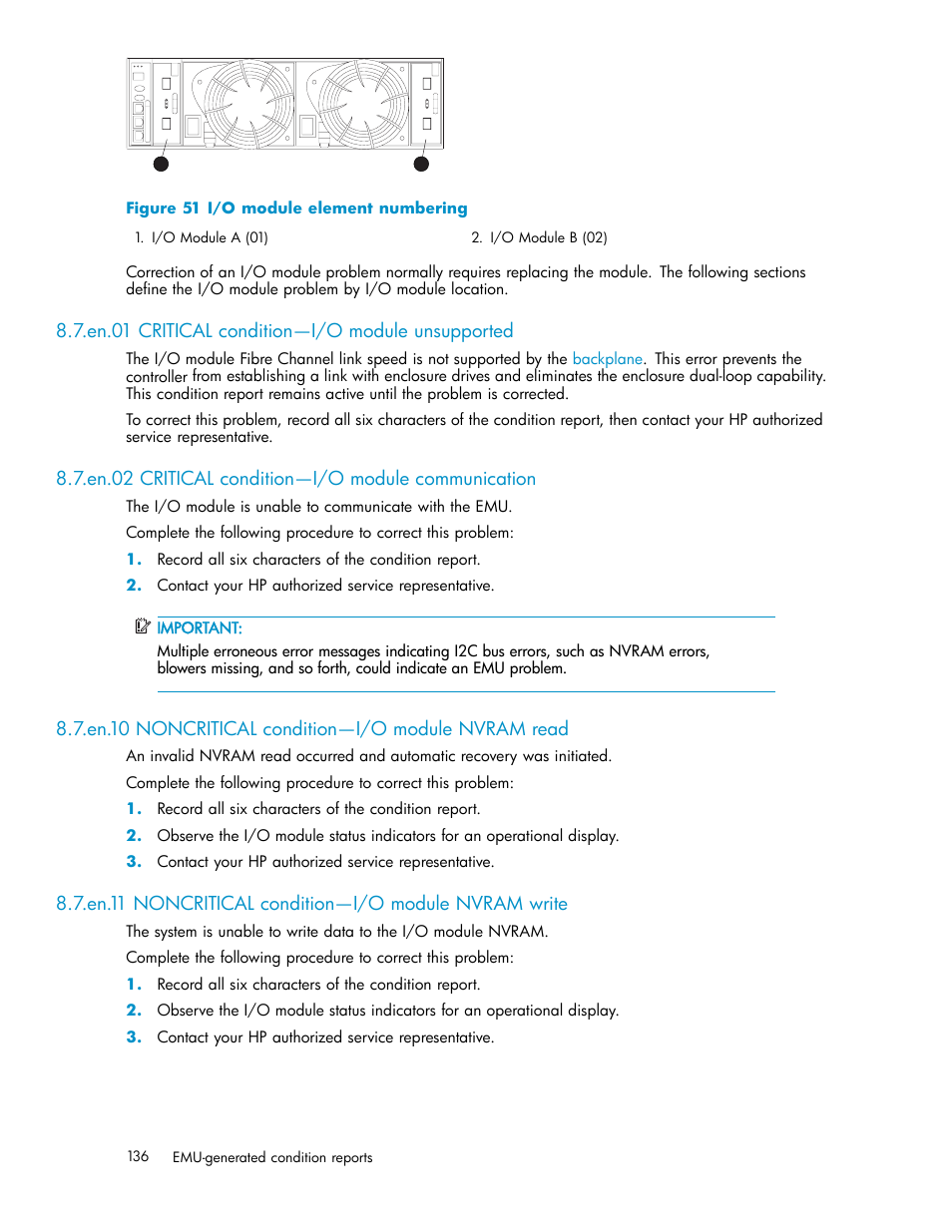 En.01 critical condition—i/o module unsupported, En.02 critical condition—i/o module communication, En.10 noncritical condition—i/o module nvram read | En.11 noncritical condition—i/o module nvram write, I/o module element numbering, Figure 51 | HP 3000 Enterprise Virtual Array User Manual | Page 136 / 165