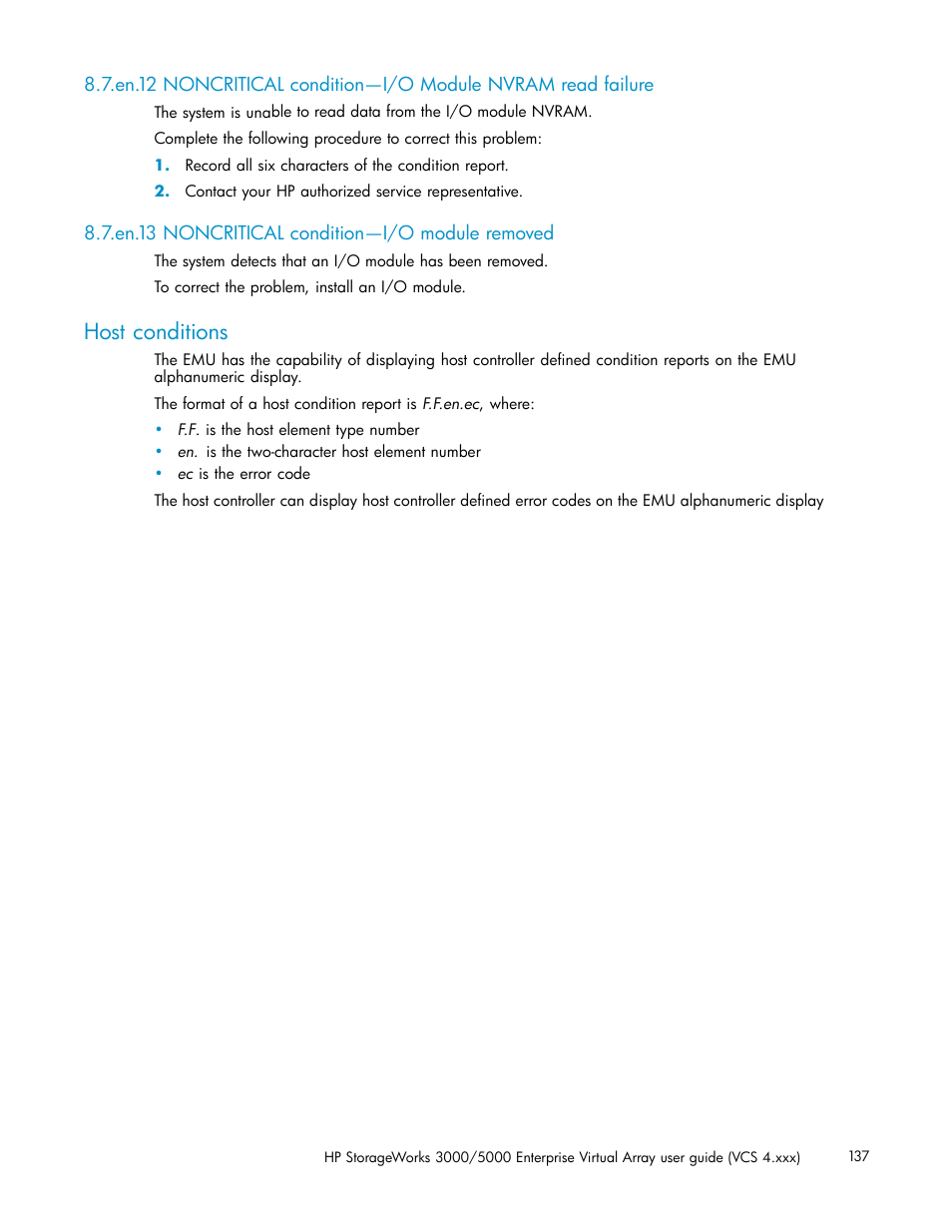 En.13 noncritical condition—i/o module removed, Host conditions | HP 3000 Enterprise Virtual Array User Manual | Page 137 / 165