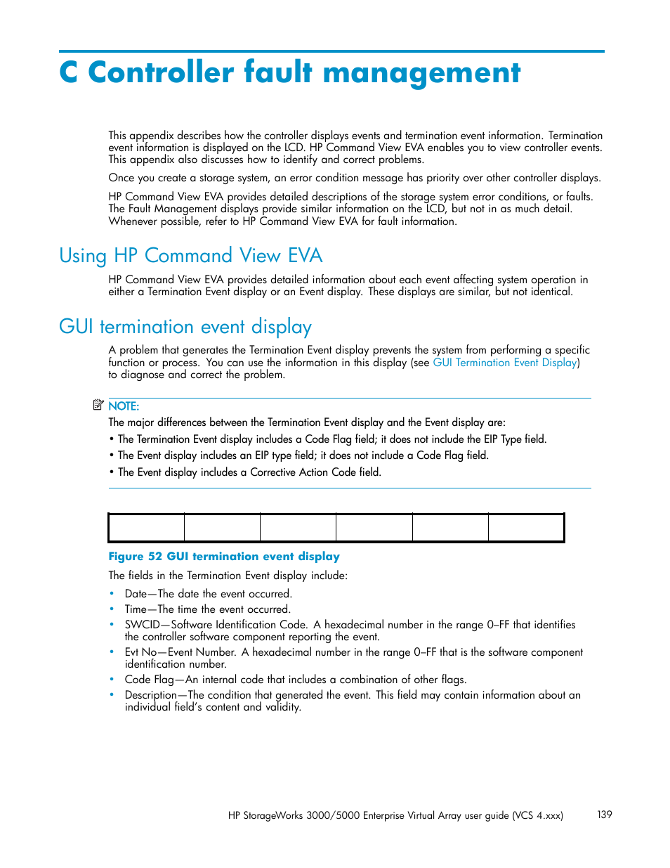 C controller fault management, Using hp command view eva, Gui termination event display | HP 3000 Enterprise Virtual Array User Manual | Page 139 / 165