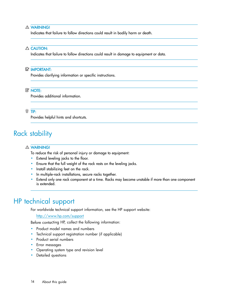 Rack stability, Hp technical support | HP 3000 Enterprise Virtual Array User Manual | Page 14 / 165