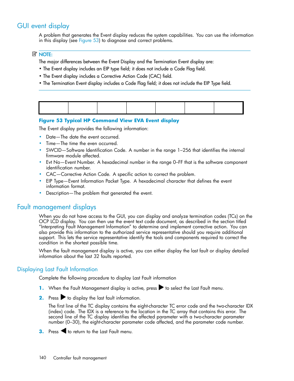 Gui event display, Fault management displays, Displaying last fault information | Typical hp command view eva event display | HP 3000 Enterprise Virtual Array User Manual | Page 140 / 165