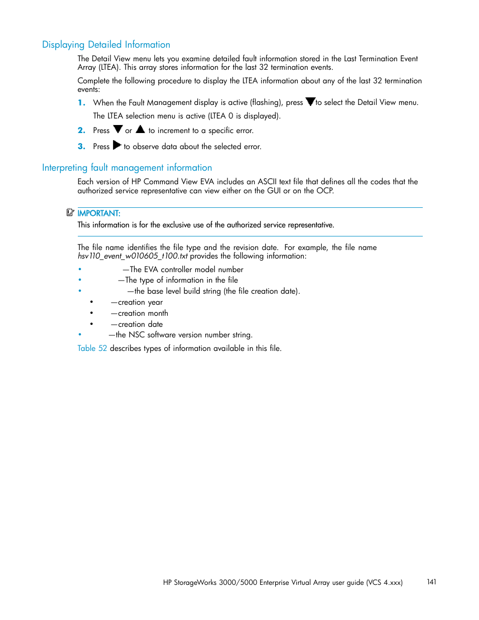 Displaying detailed information, Interpreting fault management information | HP 3000 Enterprise Virtual Array User Manual | Page 141 / 165